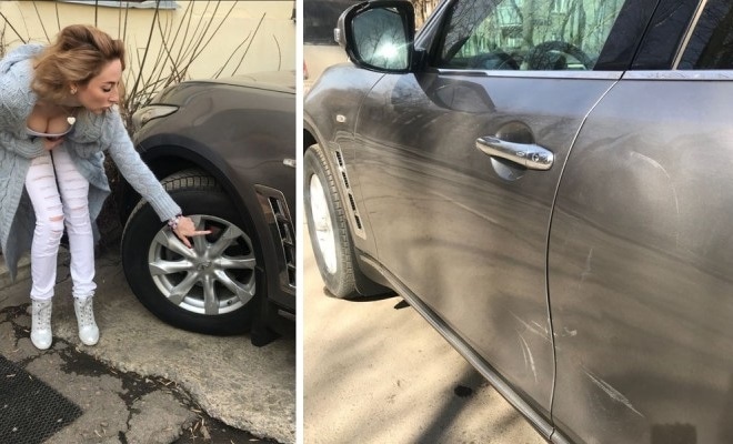 Мария Петровская показывает полученные в "автоподставе" повреждения своего Infiniti Мария Петровская показывает полученные в "автоподставе" повреждения своего Infiniti