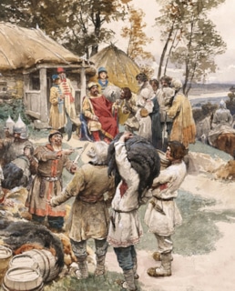 «Князь Игорь собирает дань с древлян в 945 году», К. Лебедев