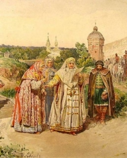 Царевна Софья получает у Троицы письмо Василия Голицына. Художник Клавдий Лебедев