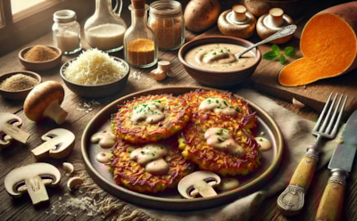 Сладкий батат в новом амплуа: как приготовить ароматные драники с грибным соусом — превосходный рецепт для закусочного блюда