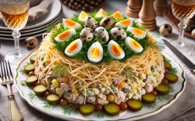 Простое превращение доступных ингредиентов: как приготовить салат «Гнездо глухаря» для праздничного стола — яркое украшение вашего меню