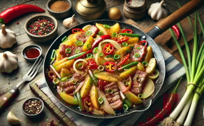 Оригинальное восточное блюдо на вашем столе: горячий китайский салат с картофелем и свининой — необычное сочетание вкусов и специй