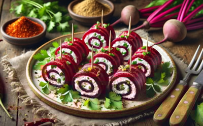 Свекольные рулетики с пикантной творожной начинкой: интересное сочетание вкусов — простое и полезное блюдо для любителей ярких закусок