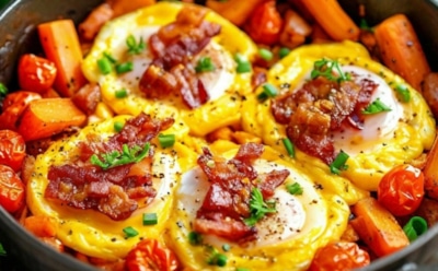 Яичница по-новому: насыщенные вкусы и сытность — бекон, томаты и морковь в одном блюде