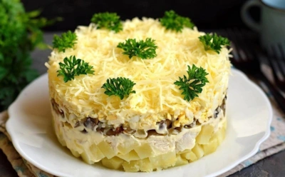 Королева «Марго»: этот многослойный салат с курицей и грибами влюбит в себя гостей