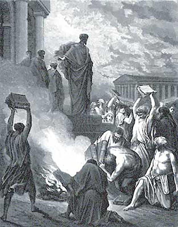 Ефесяне сжигают колдовские книги после проповеди апостола Павла