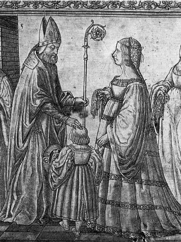 Лукреция Борджиа с  сыном перед епископом
