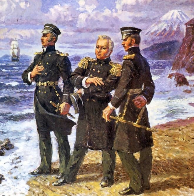 Михаил Лазарев с мичманами Павлом Нахимовым и Ефимом Путятиным