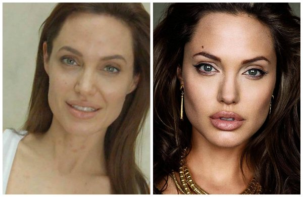 Анджелина Джоли до и после макияжа