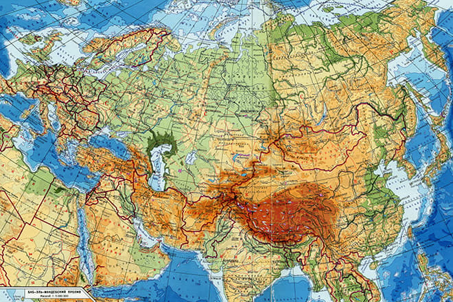 Физическая карта евразии крупным планом на русском языке в хорошем качестве