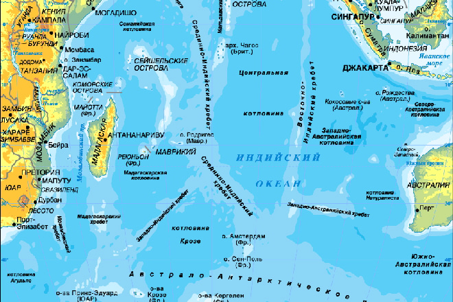 Карта индийского океана с островами на русском языке