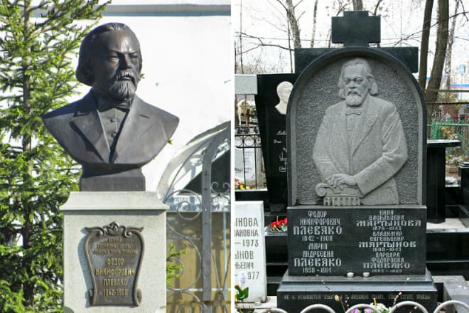Памятник Федору Плевако в Троицке и его могила в Москве