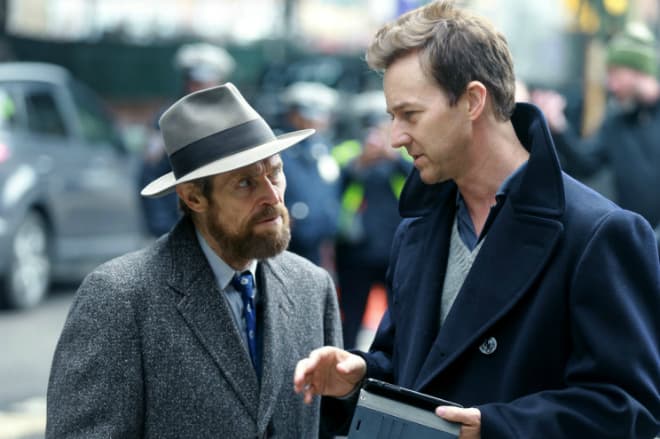 Уиллем Дефо и Эдвард Нортон на съемках фильма "Сиротский Бруклин" в 2018 году