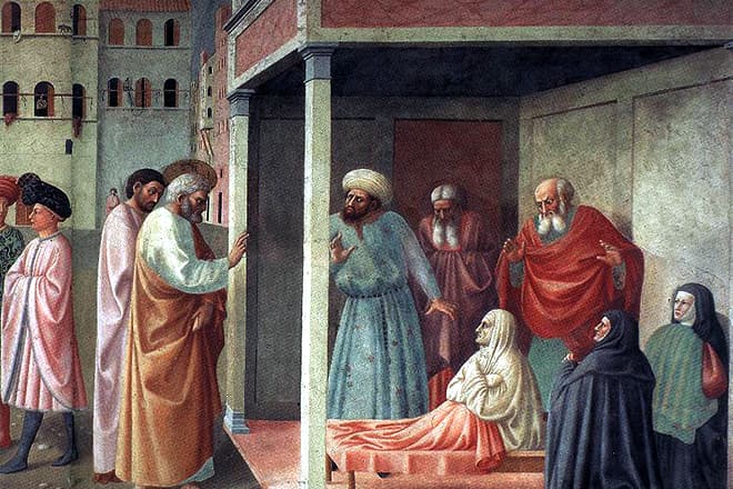 Фреска «Апостол Пётр, воскрешающий Тавифу», Мазолино