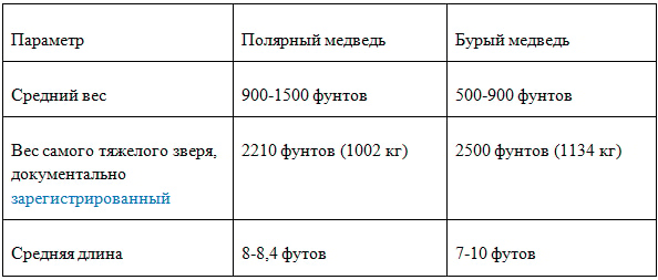 Таблица по медведям