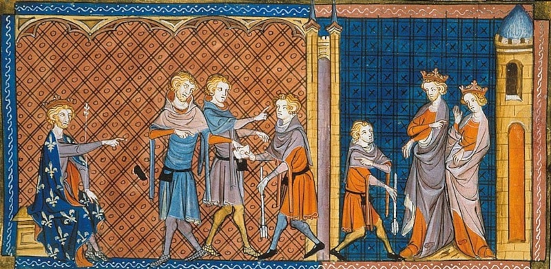 Филипп II посылает гонца (слева), Алиенора Аквитанская и Генрих II его принимают (справа) Филипп II посылает гонца (слева), Алиенора Аквитанская и Генрих II его принимают (справа)