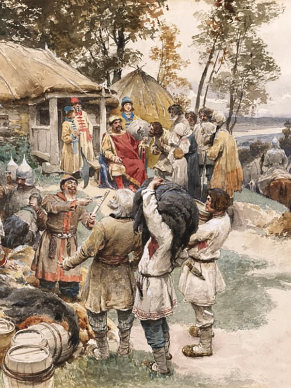 «Князь Игорь собирает дань с древлян в 945 году», К. Лебедев